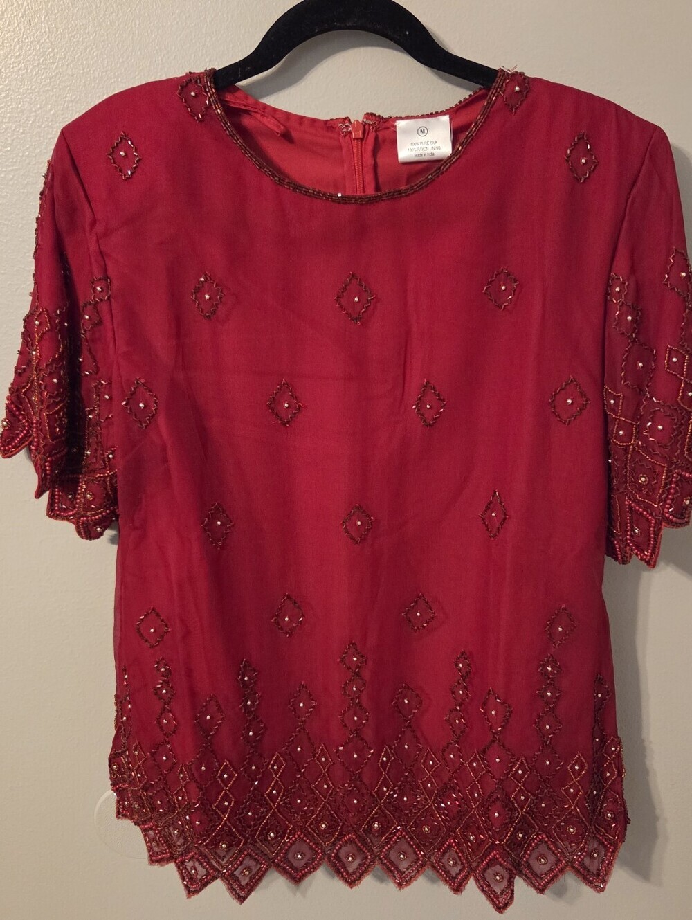 100% Silk Women's Red Beaded Sequin Embroidered Top Blouse Sz M Nwt
